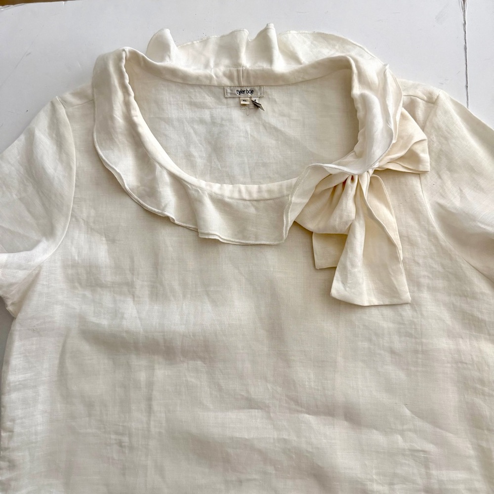 Tyler Boe Cream Linen Ruffle Collar Tunic Top Blouse Size XL Lagenlook Neutral - Picture 5 of 14